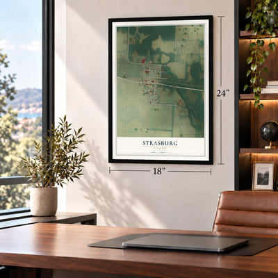 Strasburg, Missouri map, 18 x 24 inch print in a black frame in a home office