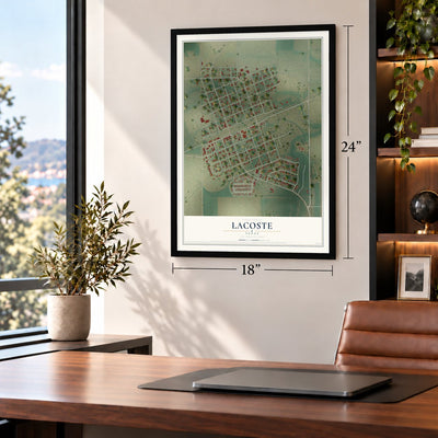 LaCoste, Texas map, 18 x 24 inch print in a black frame in a home office