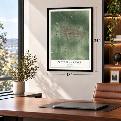 West Frankfort, Illinois map, 18 x 24 inch print in a black frame in a home office