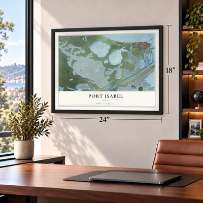 Port Isabel, Texas map, 18 x 24 inch print in a black frame in a home office
