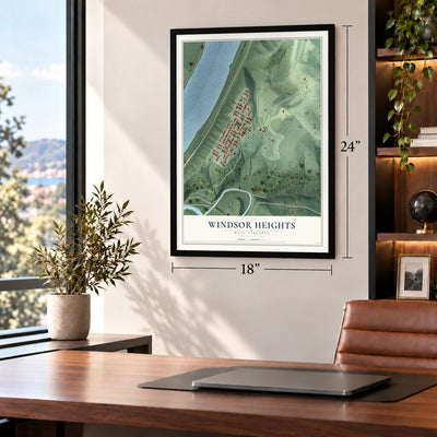 Windsor Heights, West Virginia map, 18 x 24 inch print in a black frame in a home office