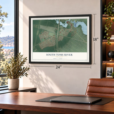South Toms River, New Jersey map, 18 x 24 inch print in a black frame in a home office