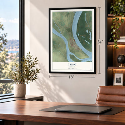 Cairo, Illinois map, 18 x 24 inch print in a black frame in a home office