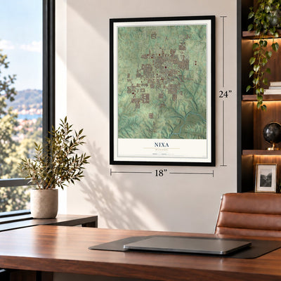 Nixa, Missouri map, 18 x 24 inch print in a black frame in a home office
