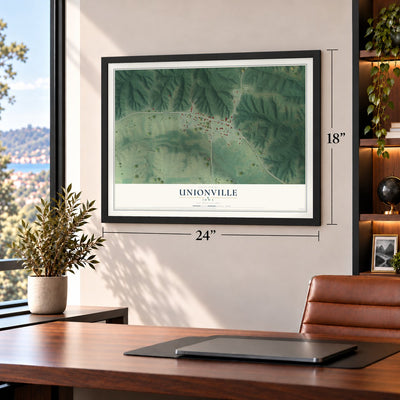 Unionville, Iowa map, 18 x 24 inch print in a black frame in a home office
