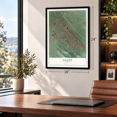 Talent, Oregon map, 18 x 24 inch print in a black frame in a home office