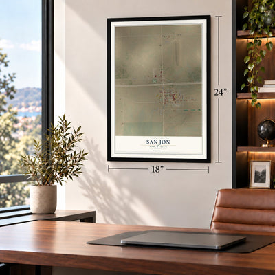 San Jon, New Mexico map, 18 x 24 inch print in a black frame in a home office