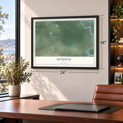Kenefick, Texas map, 18 x 24 inch print in a black frame in a home office