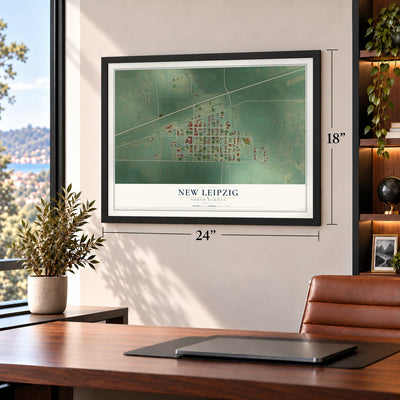 New Leipzig, North Dakota map, 18 x 24 inch print in a black frame in a home office