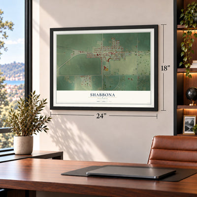 Shabbona, Illinois map, 18 x 24 inch print in a black frame in a home office