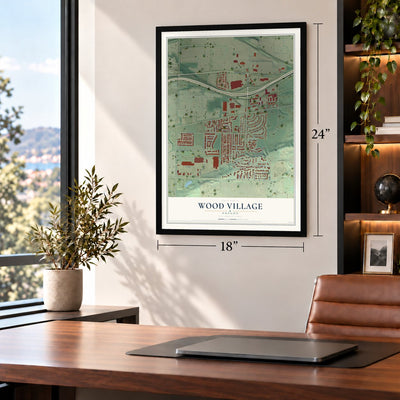 Wood Village, Oregon map, 18 x 24 inch print in a black frame in a home office