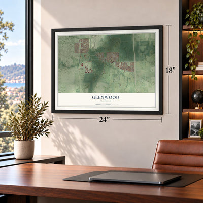 Glenwood, Illinois map, 18 x 24 inch print in a black frame in a home office