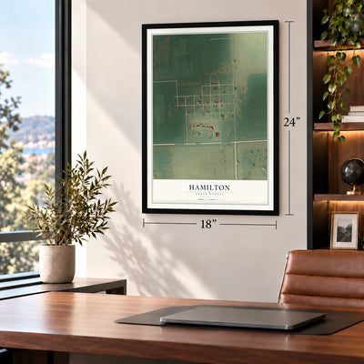 Hamilton, North Dakota map, 18 x 24 inch print in a black frame in a home office