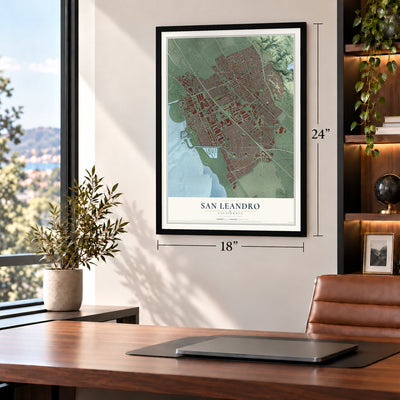 San Leandro, California map, 18 x 24 inch print in a black frame in a home office