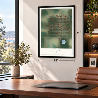 Olton, Texas map, 18 x 24 inch print in a black frame in a home office