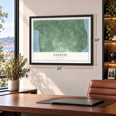 Fayette, New York map, 18 x 24 inch print in a black frame in a home office