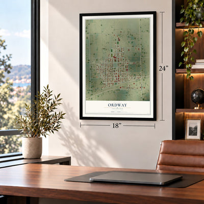 Ordway, Colorado map, 18 x 24 inch print in a black frame in a home office