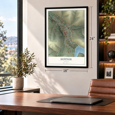 Heppner, Oregon map, 18 x 24 inch print in a black frame in a home office