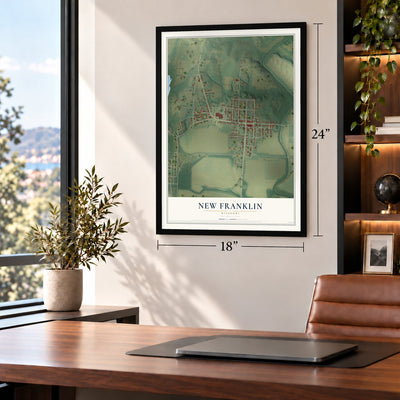 New Franklin, Missouri map, 18 x 24 inch print in a black frame in a home office