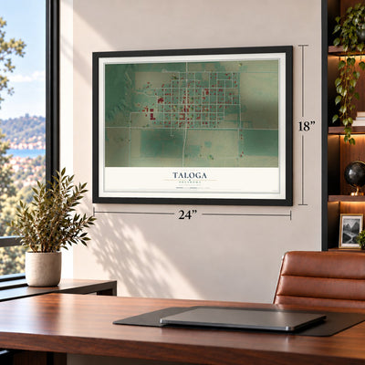 Taloga, Oklahoma map, 18 x 24 inch print in a black frame in a home office