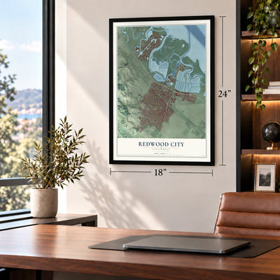 Redwood City, California map, 18 x 24 inch print in a black frame in a home office