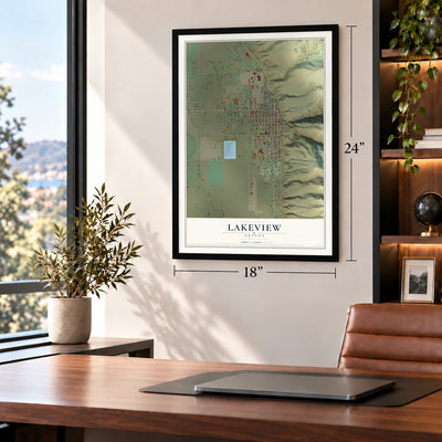 Lakeview, Oregon map, 18 x 24 inch print in a black frame in a home office