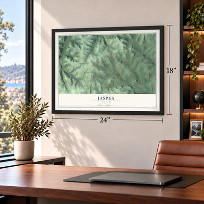 Jasper, New York map, 18 x 24 inch print in a black frame in a home office