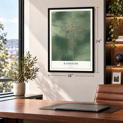 Randolph, Utah map, 18 x 24 inch print in a black frame in a home office