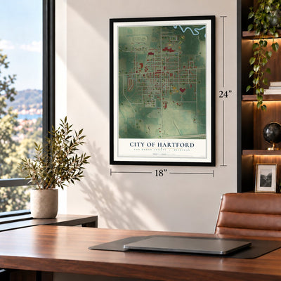 Hartford, Michigan map, 18 x 24 inch print in a black frame in a home office