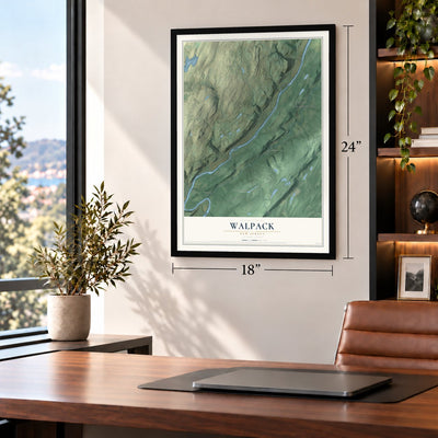 Walpack, New Jersey map, 18 x 24 inch print in a black frame in a home office