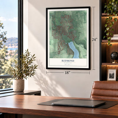 Redmond, Washington map, 18 x 24 inch print in a black frame in a home office