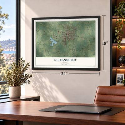 McLeansboro, Illinois map, 18 x 24 inch print in a black frame in a home office