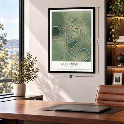 Lake Bronson, Minnesota map, 18 x 24 inch print in a black frame in a home office