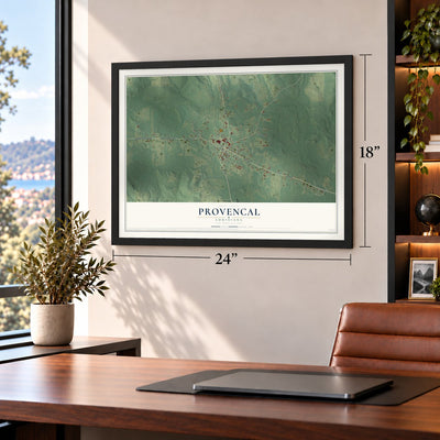 Provencal, Louisiana map, 18 x 24 inch print in a black frame in a home office