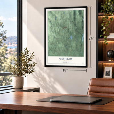 Westerlo, New York map, 18 x 24 inch print in a black frame in a home office