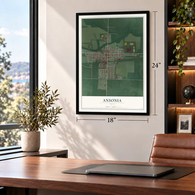 Ansonia, Ohio map, 18 x 24 inch print in a black frame in a home office