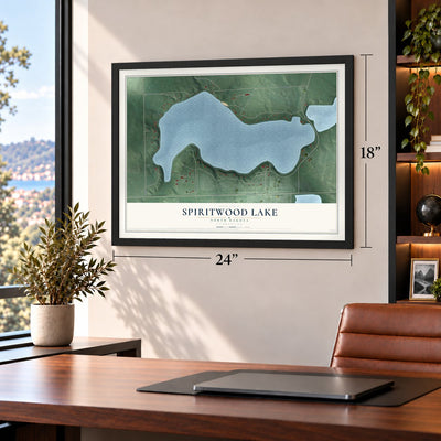 Spiritwood Lake, North Dakota map, 18 x 24 inch print in a black frame in a home office