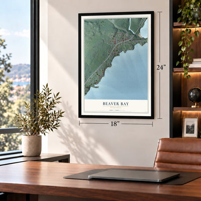 Beaver Bay, Minnesota map, 18 x 24 inch print in a black frame in a home office