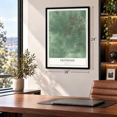 Trotwood, Ohio map, 18 x 24 inch print in a black frame in a home office