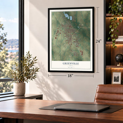 Greenville, Texas map, 18 x 24 inch print in a black frame in a home office
