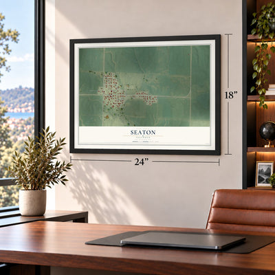 Seaton, Illinois map, 18 x 24 inch print in a black frame in a home office
