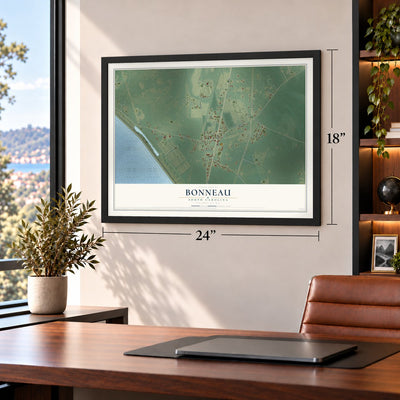Bonneau, South Carolina map, 18 x 24 inch print in a black frame in a home office