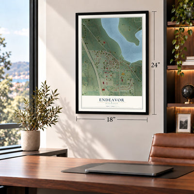 Endeavor, Wisconsin map, 18 x 24 inch print in a black frame in a home office
