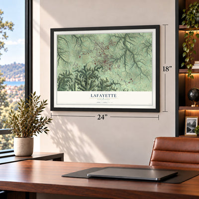 Lafayette, Tennessee map, 18 x 24 inch print in a black frame in a home office