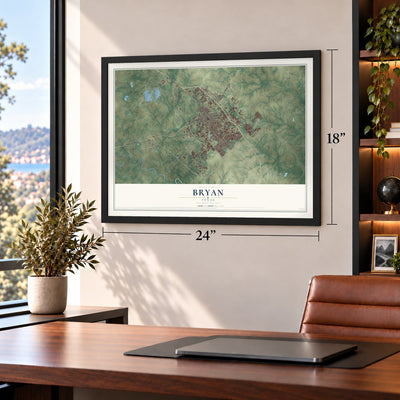 Bryan, Texas map, 18 x 24 inch print in a black frame in a home office