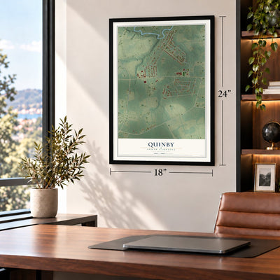 Quinby, South Carolina map, 18 x 24 inch print in a black frame in a home office