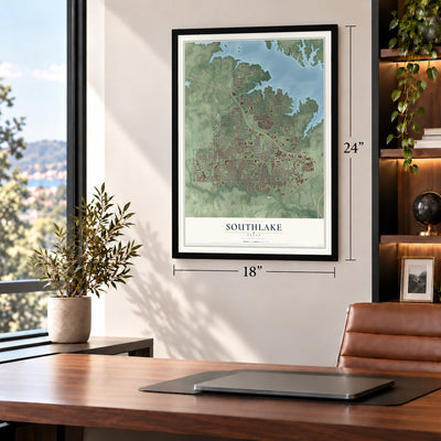Southlake, Texas map, 18 x 24 inch print in a black frame in a home office