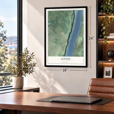 Alpine, New Jersey map, 18 x 24 inch print in a black frame in a home office