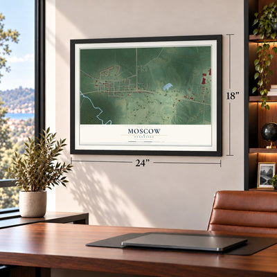 Moscow, Tennessee map, 18 x 24 inch print in a black frame in a home office