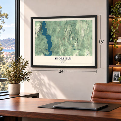 Shoreham, Vermont map, 18 x 24 inch print in a black frame in a home office